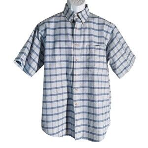 JOHN ASHFORD Men's,Short Sleeve Button Down Plaid Shirt Blue White Medium
